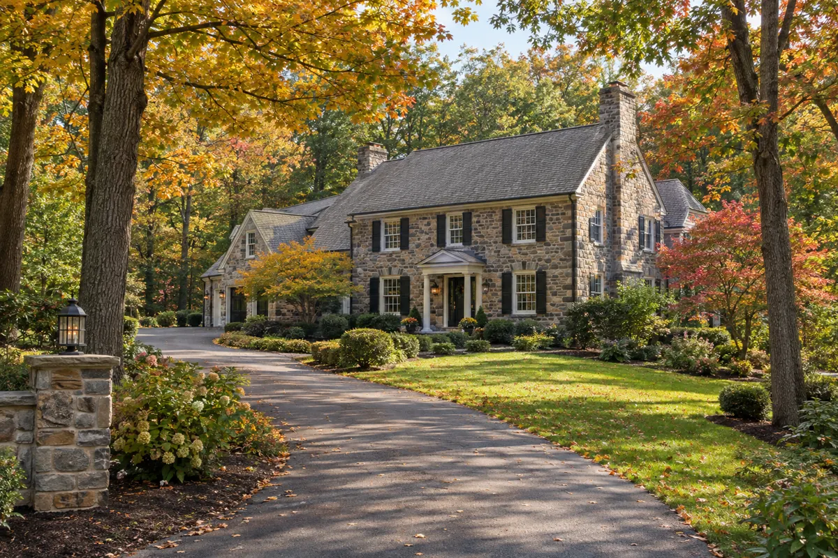 Stone colonial on a wooded lot