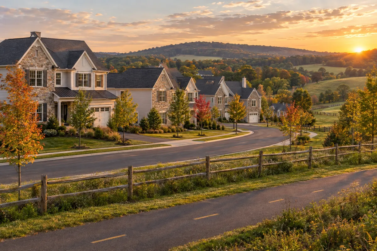 Stone and clapboard homes along a curving street beside a rail trail