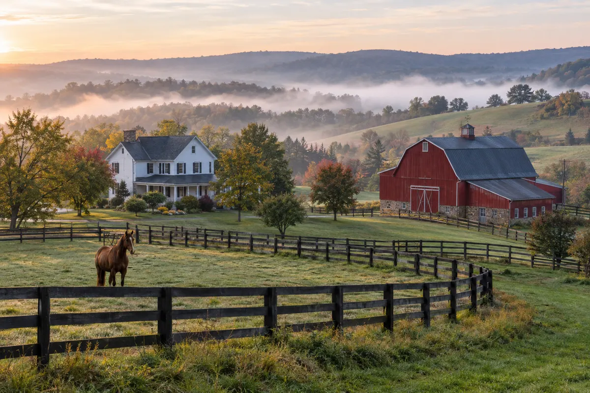 Farmhouse and red barn on rolling hills