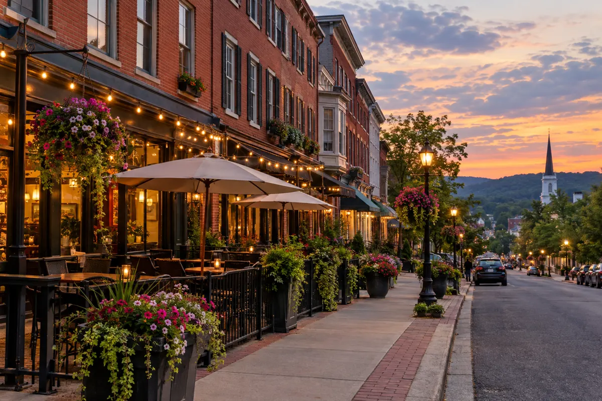 Main street with restaurant patios at dusk