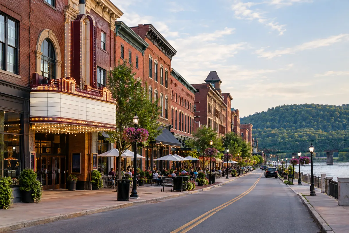 Restored brick main street with a theater