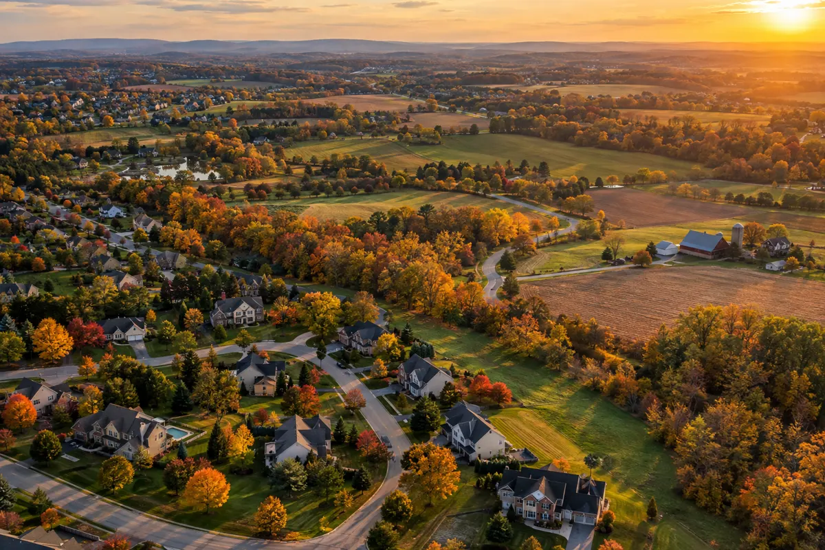 Aerial view of suburbs and farmland