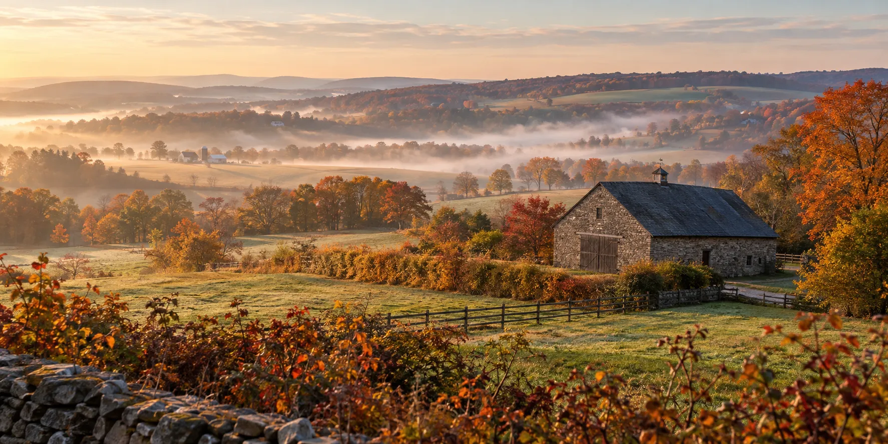Rolling Chester County farmland with a stone barn in autumn