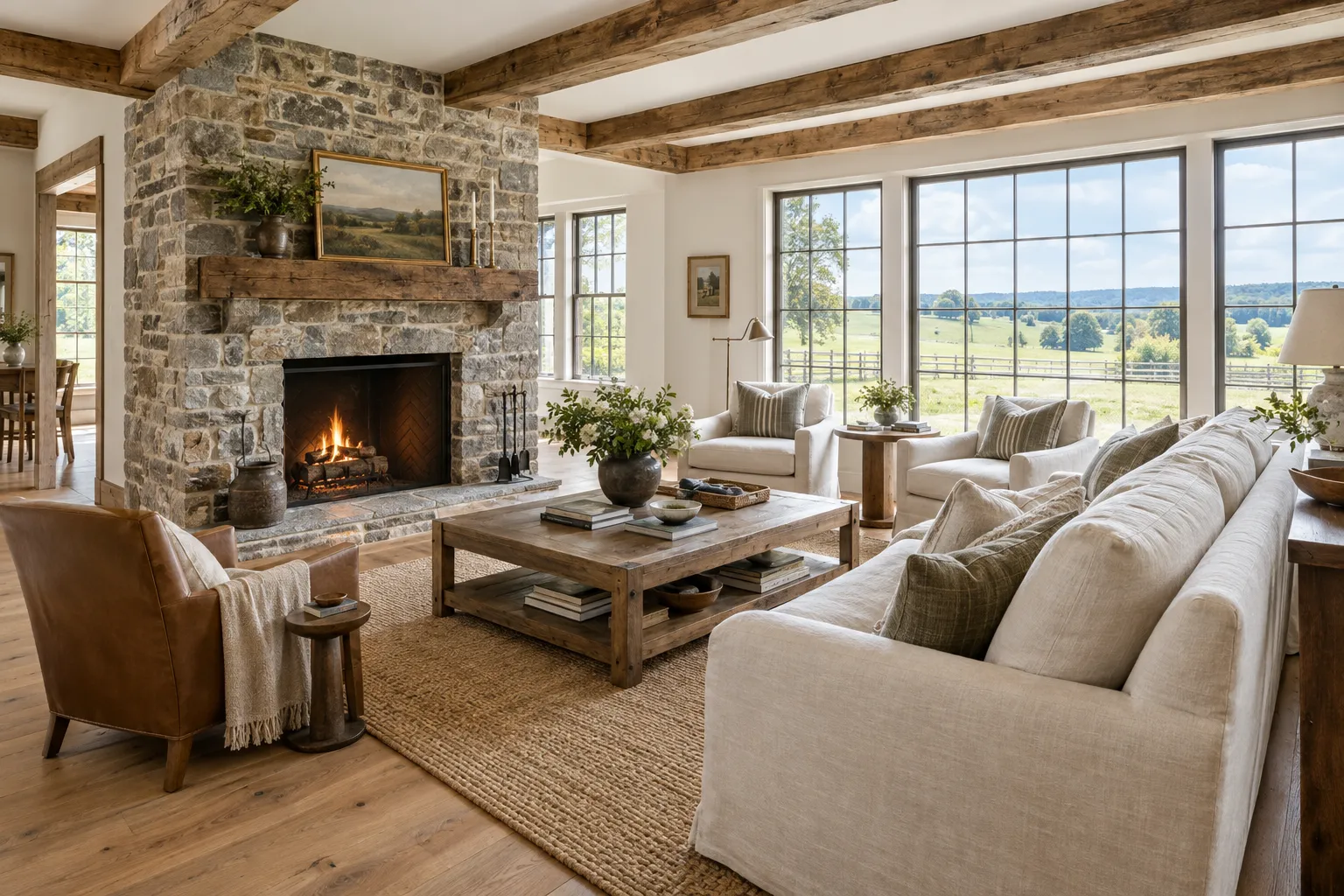 Stone farmhouse living room with beams and fireplace