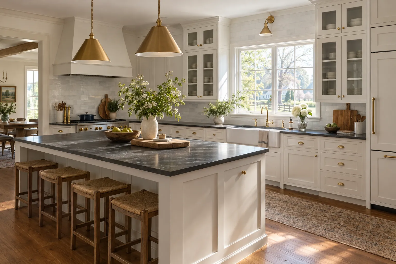 Bright farmhouse kitchen with white cabinets