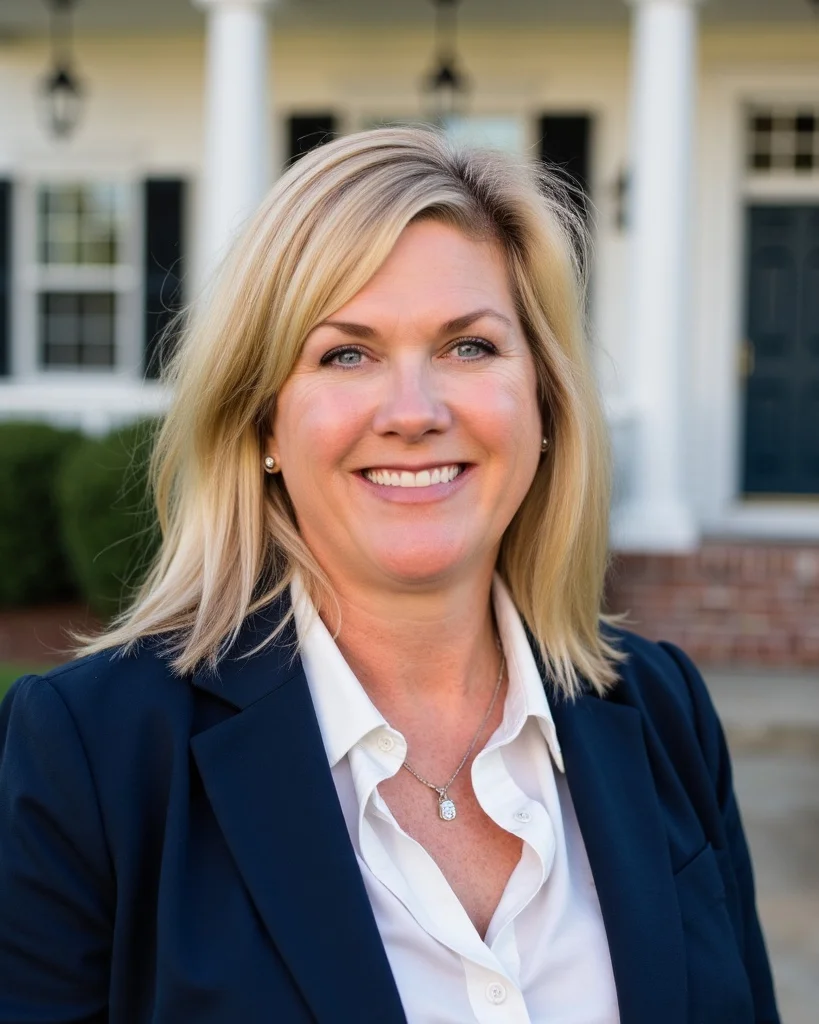Laurie Rilee, REALTOR®, smiling in front of a white colonial home