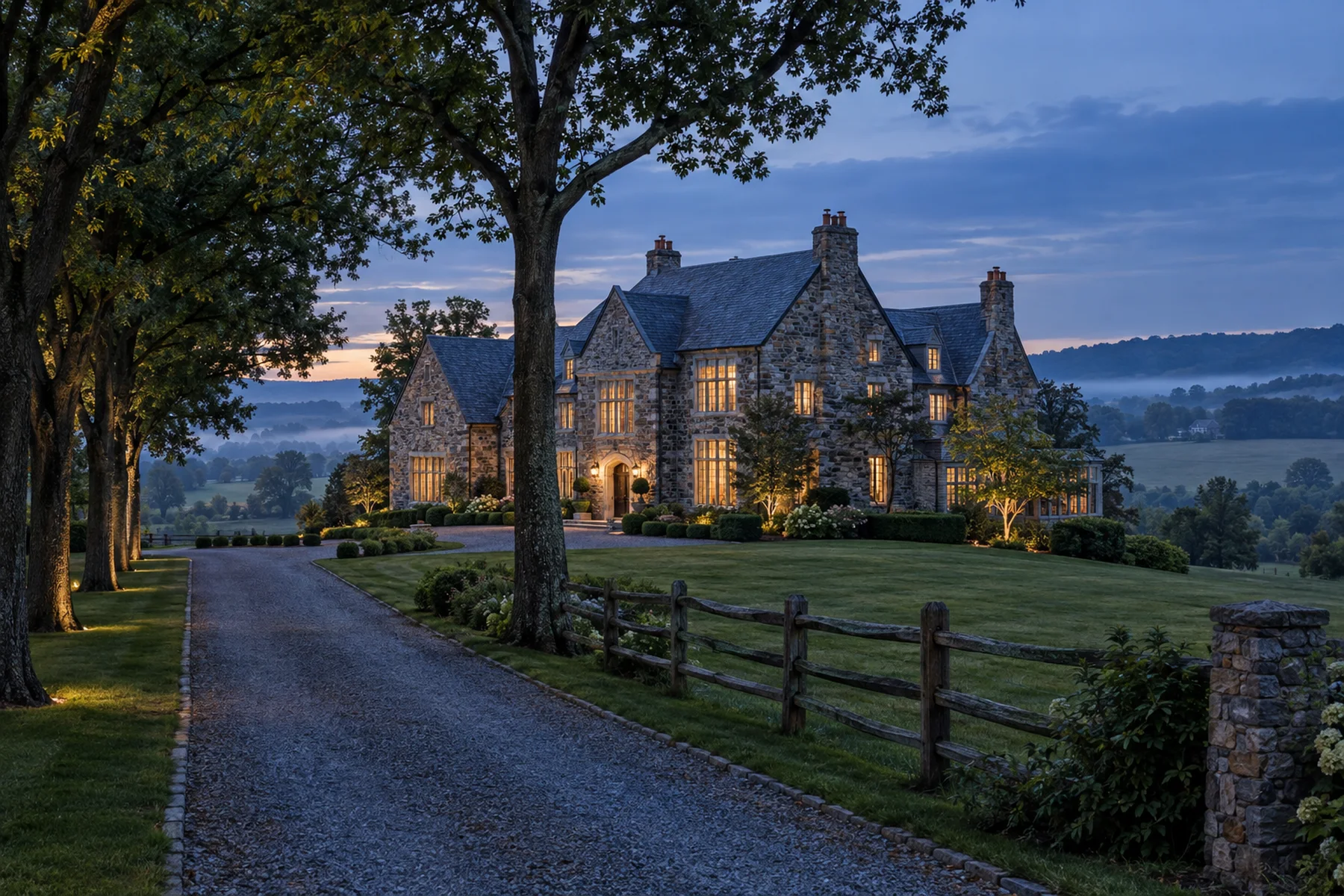 Fieldstone manor at dusk with a tree-lined gravel drive in the Chester County countryside