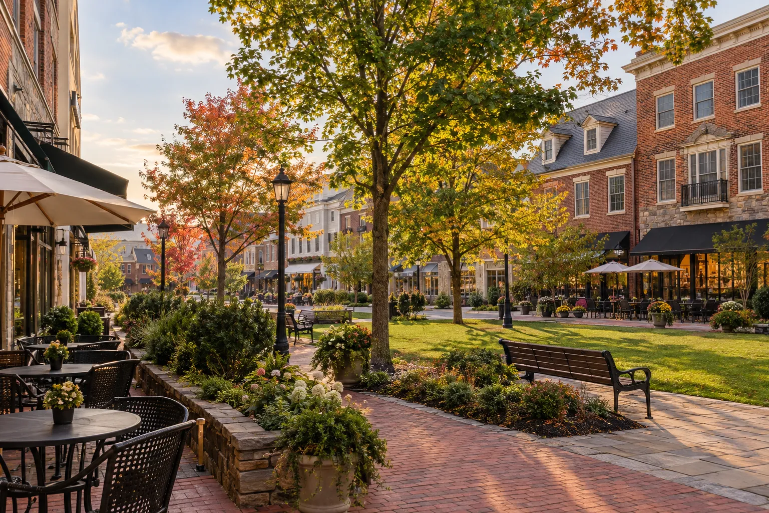 Walkable town square with shops and a cafe in autumn